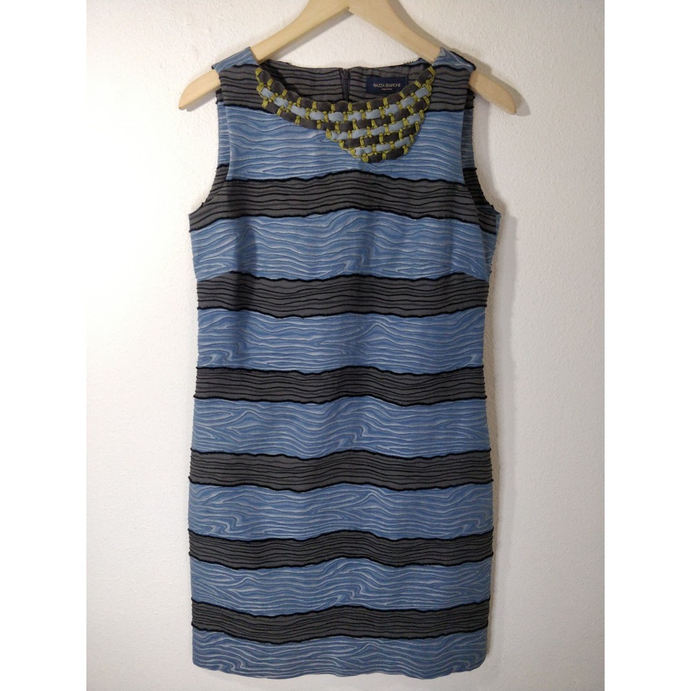 Piazza Sempione Blue Gray Striped Textured Embroidered Sleeveless Sheath Dress 6